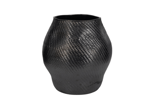 Florero Redondo de Cerámica Negra con Boca Ancha y Textura
