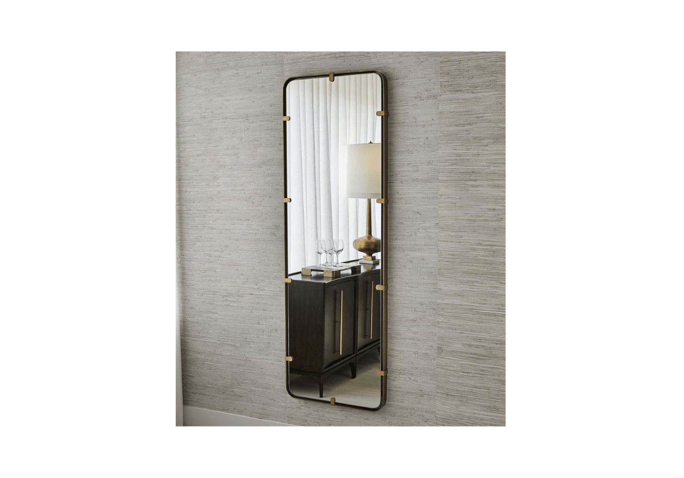 Espejo Flotante Rectangular con Clips de Latón y Marco de Bronce | 182 x 60 cm