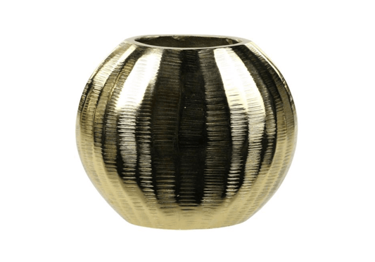 Florero Metal Dorado Plano Gajos y Textura en Líneas Horizontales