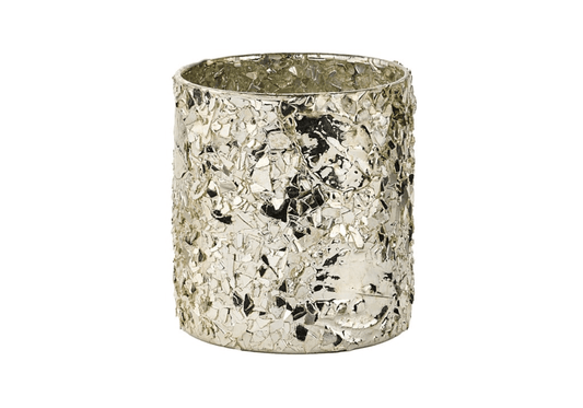 Portavela de Vidrio Craquelado Champagne con Detalle de Hojas