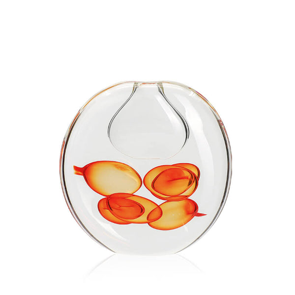 Florero de Vidrio Transparente Circular con Burbujas Naranjas