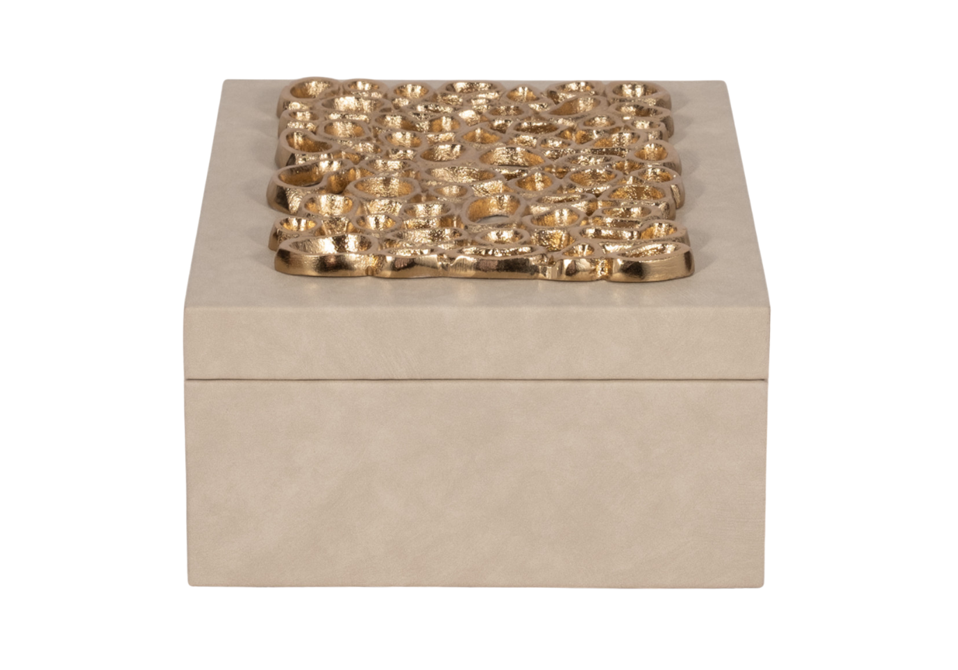 Caja Rectangular Vinipiel Beige con Detalle Dorado en Tapa