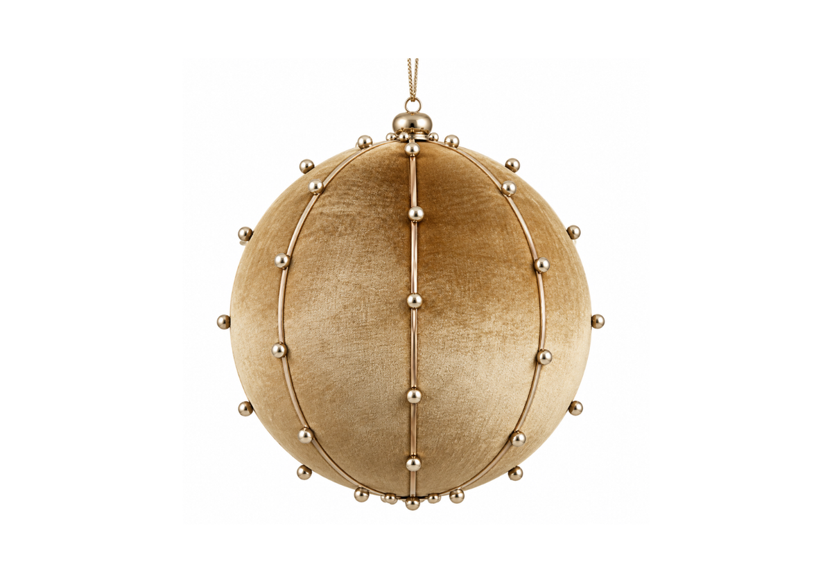 Esfera de Terciopelo en Dorado con Líneas y Bolitas Doradas