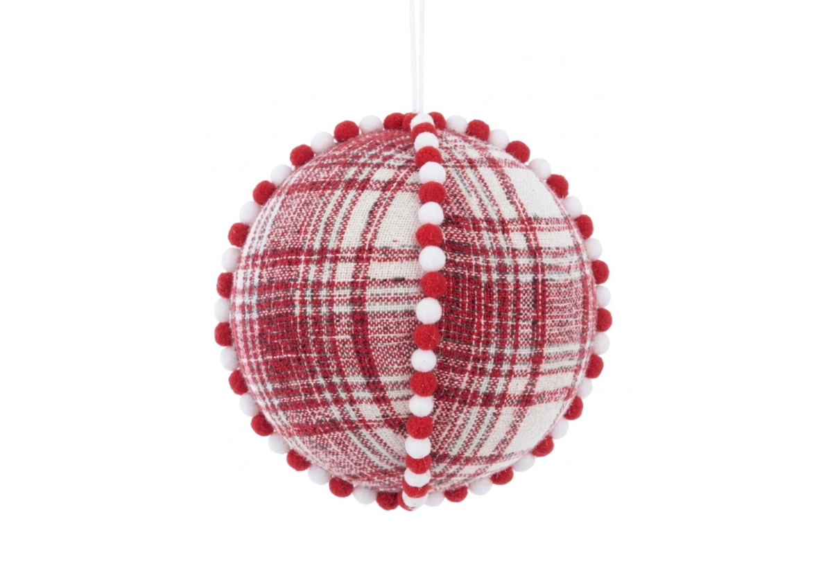 Esfera de Tela Escocesa en Rojo y Blanco con Pompones