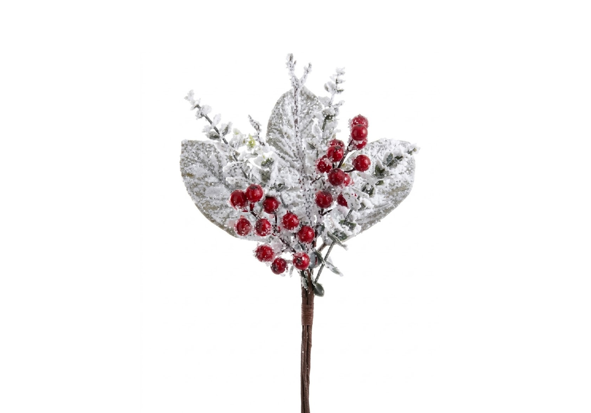 Rama de Magnolia y Eucalipto Nevado con Berries Rojos 46 cm