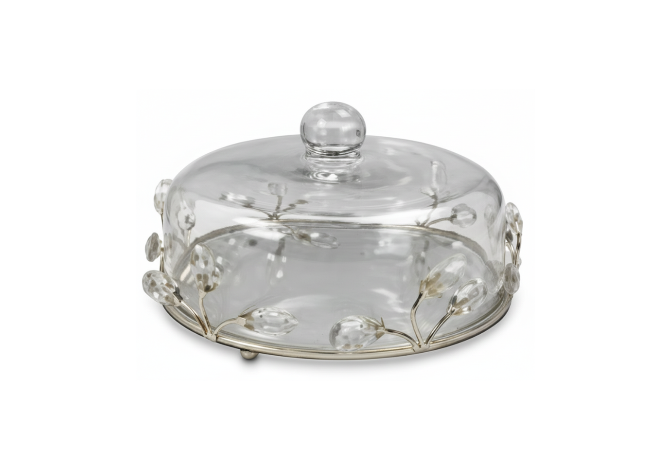 Pastelera Redonda con Tapa de Cristal Transparente con Piedras y Metal Dorado