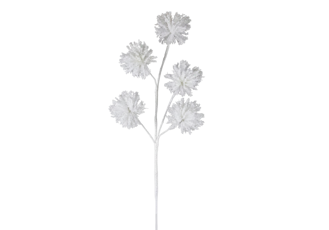 Rama Cinco Pompones Blancos Escarchados
