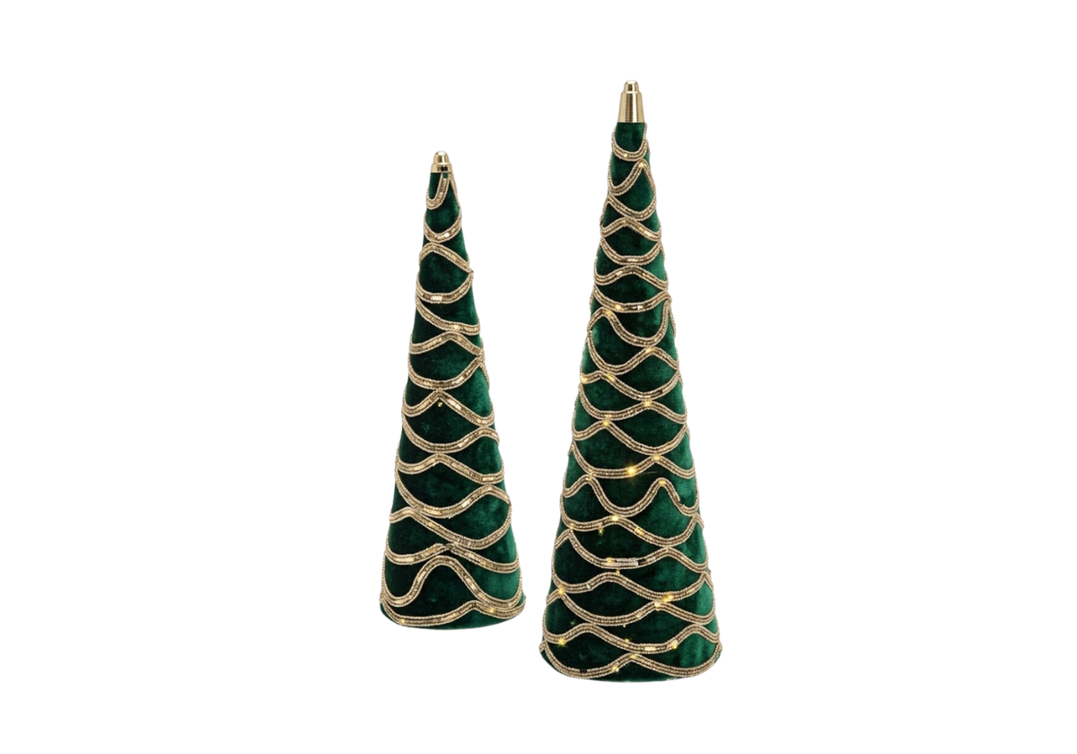 Set de 2 Pinos Cono de Terciopelo Verde con Ondas Doradas