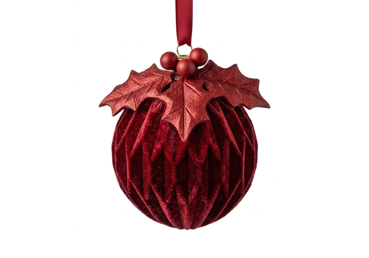 Esfera de Terciopelo en Rojo Plisado con Holly y Berries