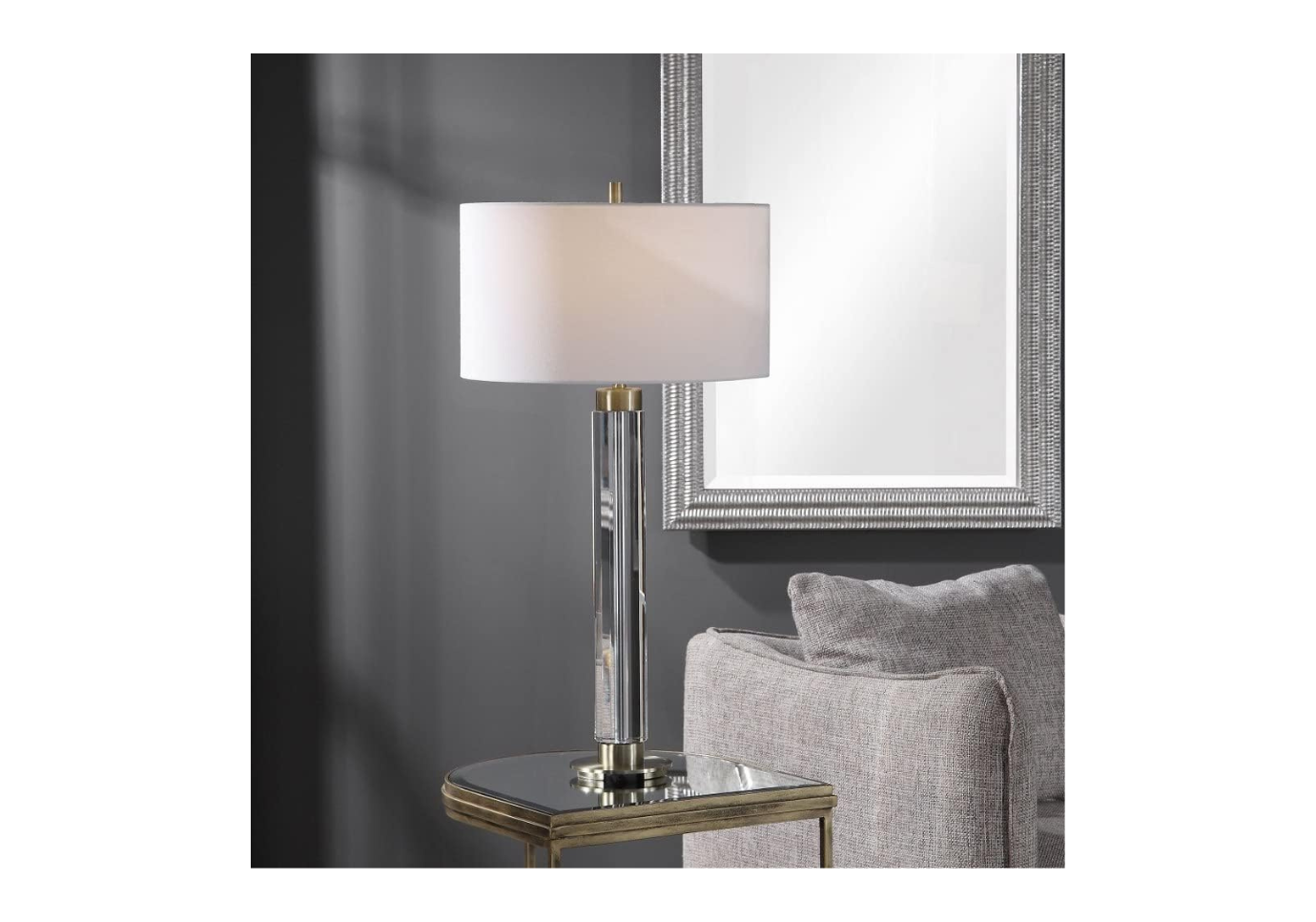 Lámpara de Cristal Redonda Lisa con Detalles en Metal Dorado, Moderna Lámpara de Mesa