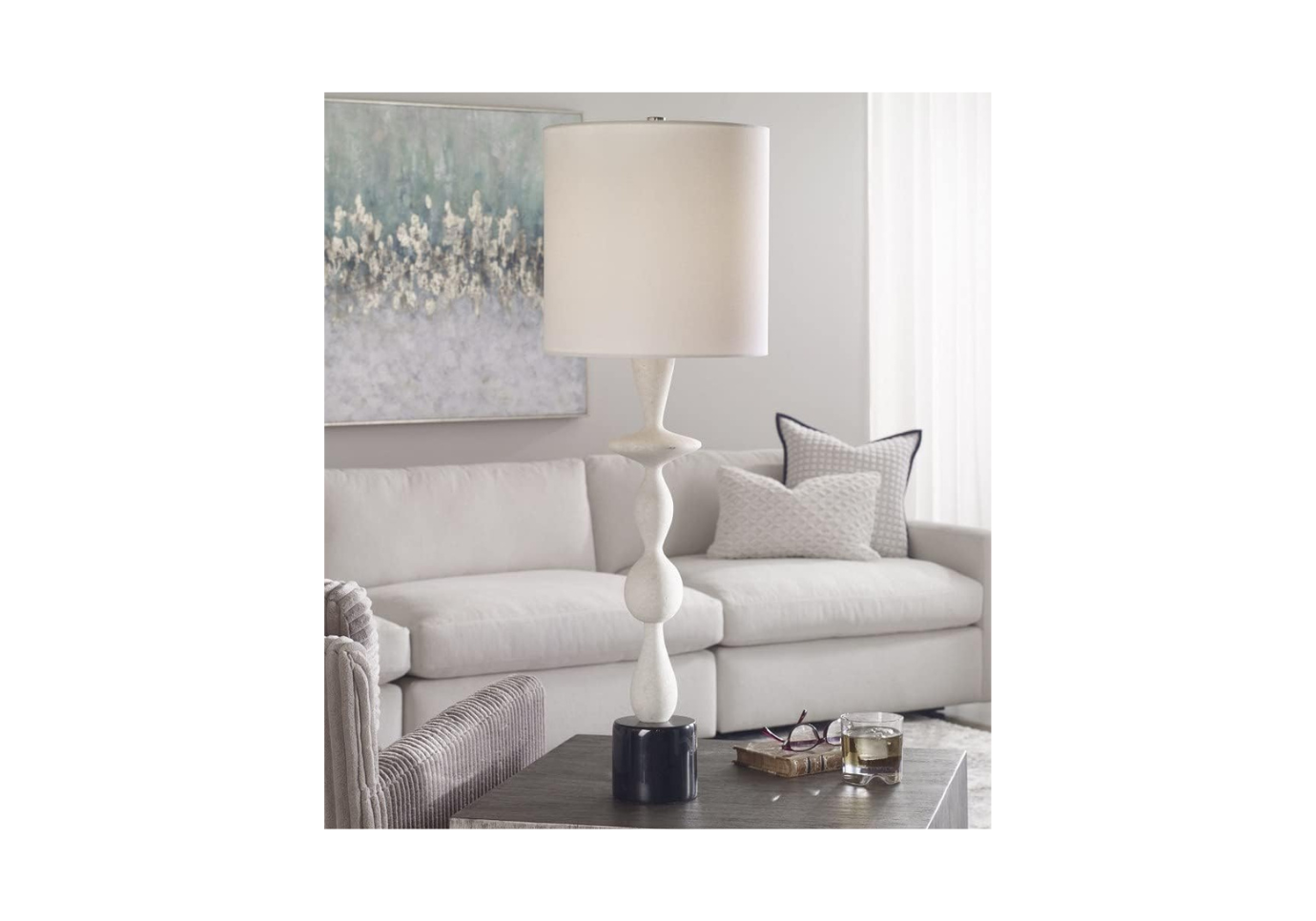 Lámpara de Marmolina con Óvalos y Base de Mármol Negro