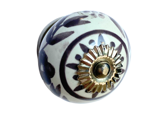 Jaladera Esfera Cerámica Floral Blanco con Morado