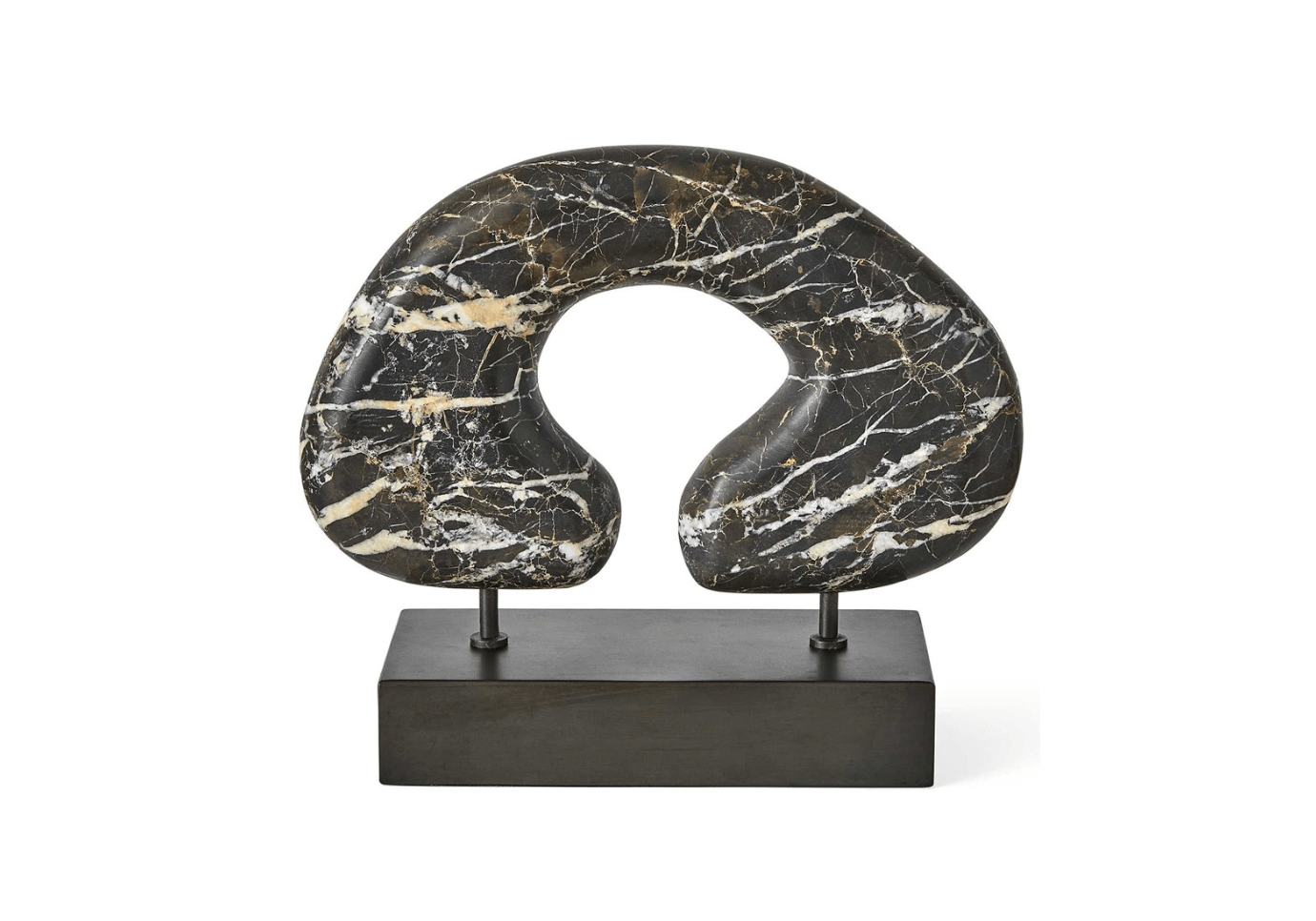 Escultura de Herradura Suspendida | Mármol Negro con Vetas Doradas y Base Rectangular