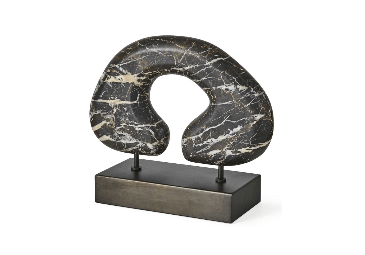 Escultura de Herradura Suspendida | Mármol Negro con Vetas Doradas y Base Rectangular