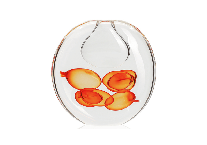 Florero de Vidrio Transparente Circular con Burbujas Naranjas