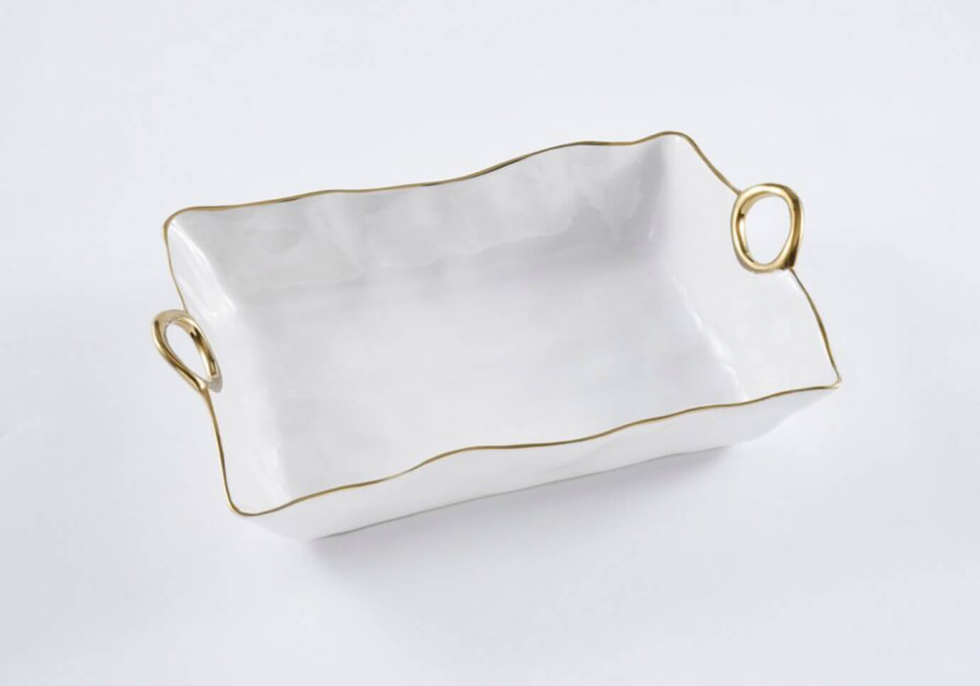 Platon Hondo de Cerámica Rectangular Blanco y Asas Doradas