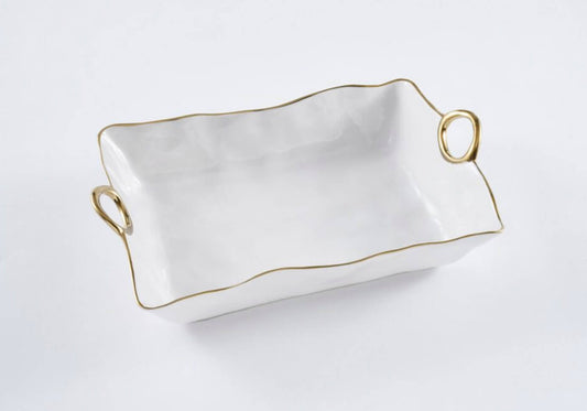 Platon Hondo de Cerámica Rectangular Blanco y Asas Doradas