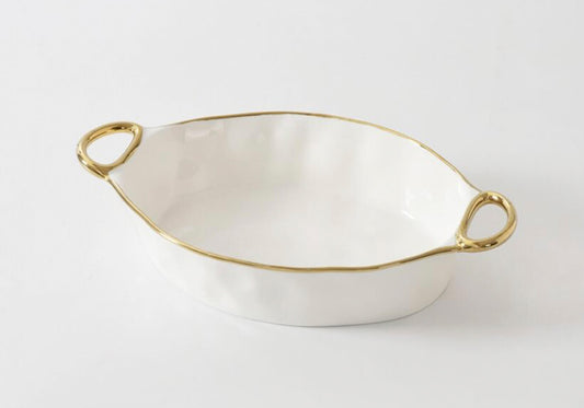 Platon Hondo de Cerámica Ovalado Blanco y Asas Doradas