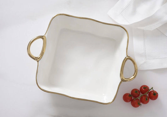 Platon Hondo de Cerámica Cuadrado Blanco y Asas Doradas