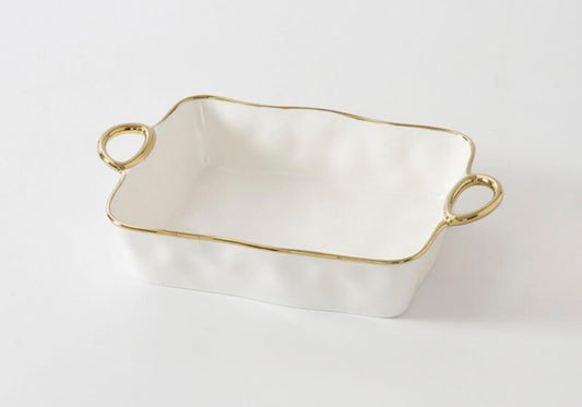 Platon Hondo de Cerámica Rectangular Blanco y Asas Doradas.