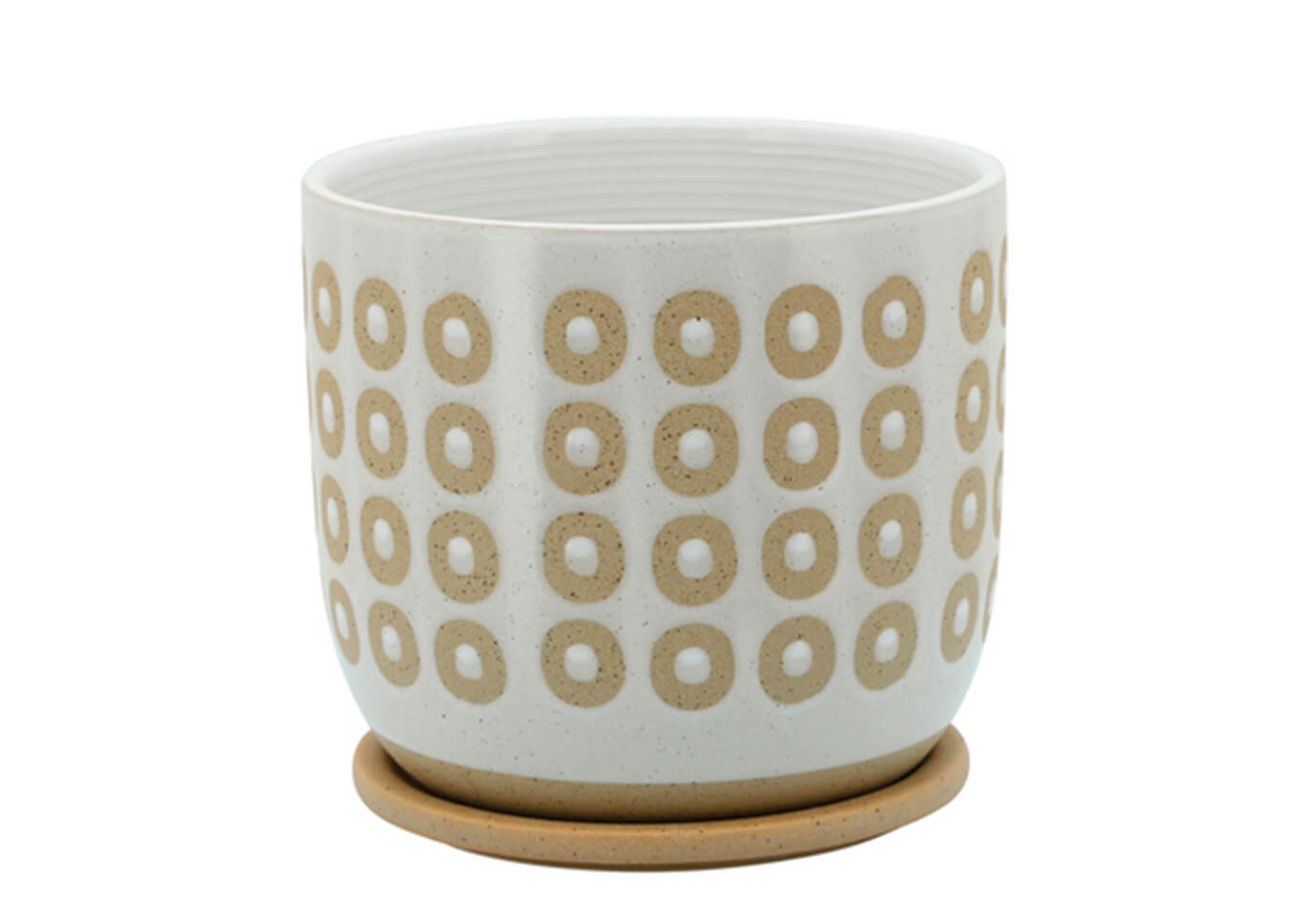 Maceta cerámica con Plato Blanca Circulos Arena