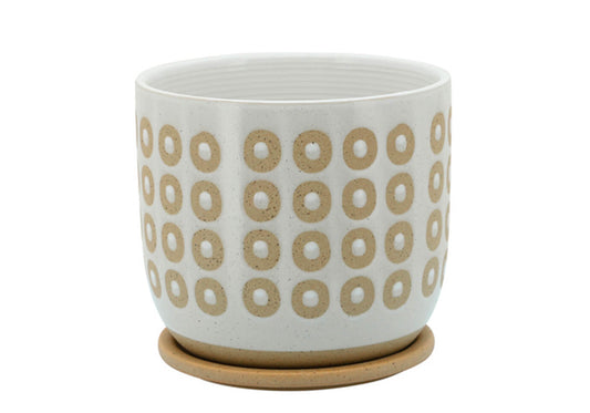 Maceta cerámica con Plato Blanca Circulos Arena