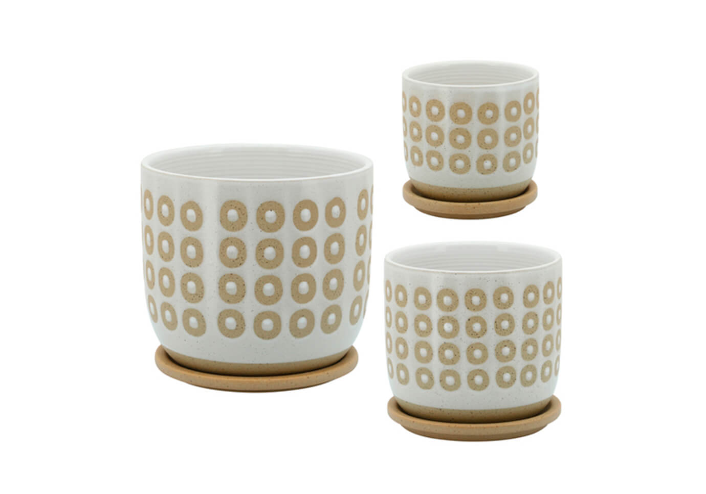 Maceta cerámica con Plato Blanca Circulos Arena