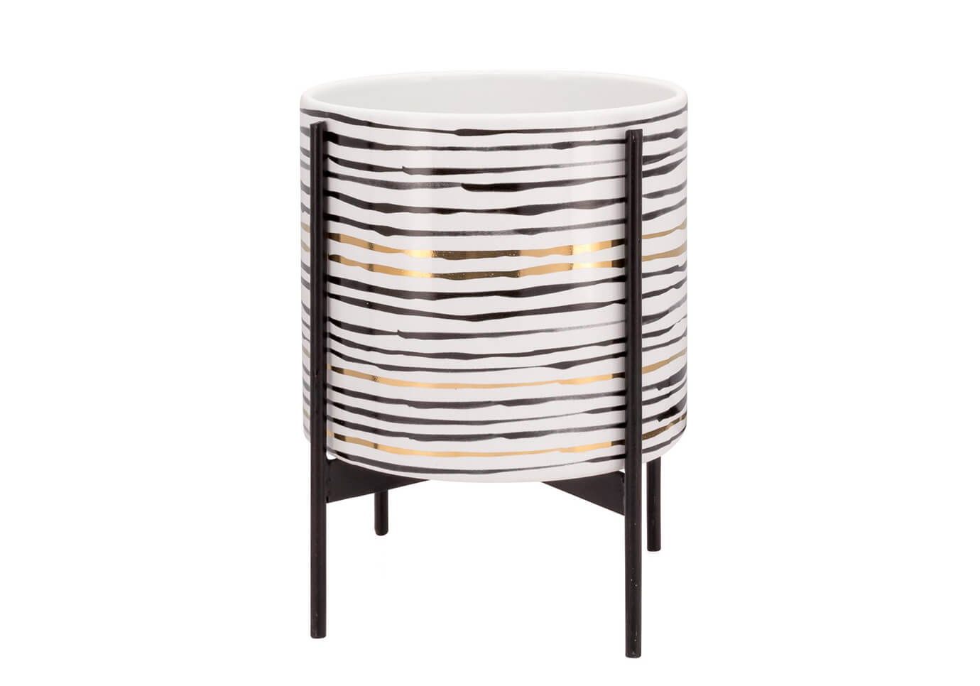 Maceta de Pie Cerámica Blanca Líneas Horizontales