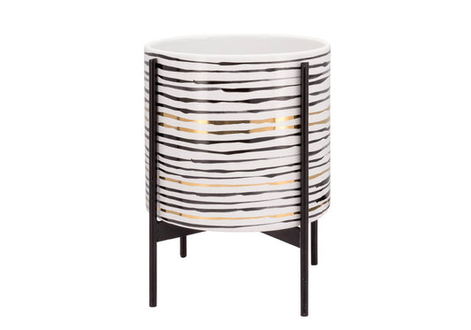 Maceta de Pie Cerámica Blanca Líneas Horizontales