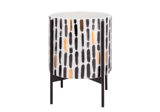 Maceta de Pie Cerámica Blanca Líneas Verticales