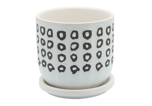 Maceta Cerámica Blanca Print Negro con Plato