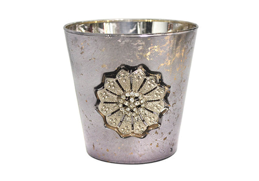 Portavela de Vidrio Jaspeado Morado con Flor