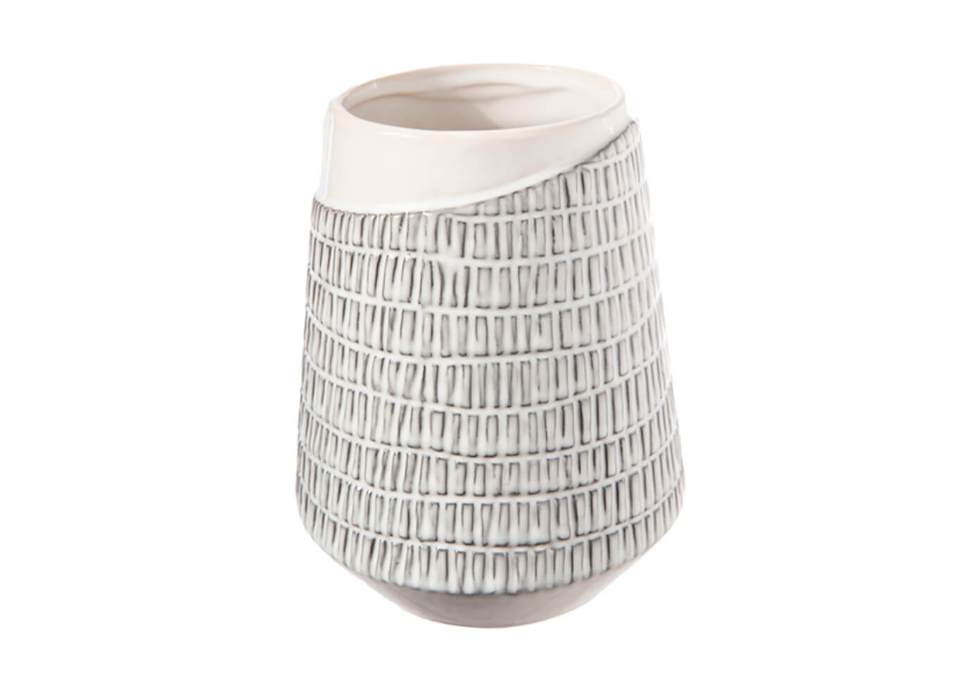 Florero Cerámica Blanco Corte Relieve con Patrón y Fondo Cónico