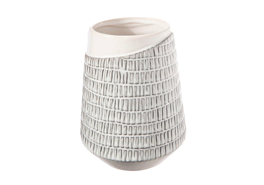 Florero Cerámica Blanco Corte Relieve con Patrón y Fondo Cónico