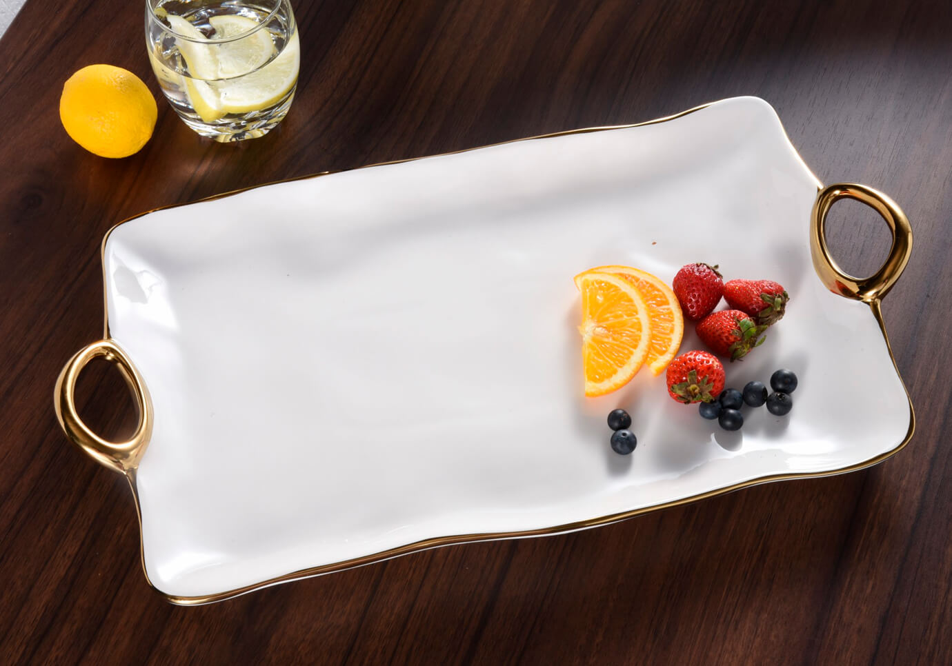 Charola de Porcelana  Rectangular Blanco y Dorado