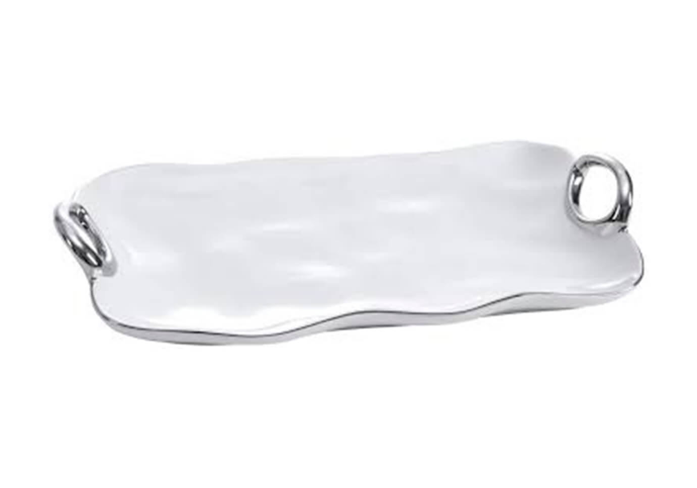 Charola de Porcelana  Rectangular Blanco y Plateado