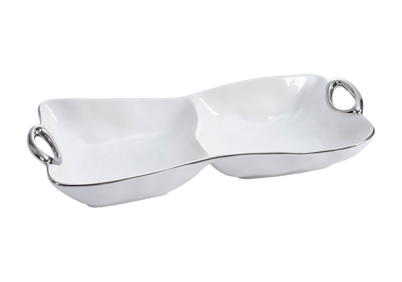 Charola de Porcelana Dos Divisiones Asas Plateadas