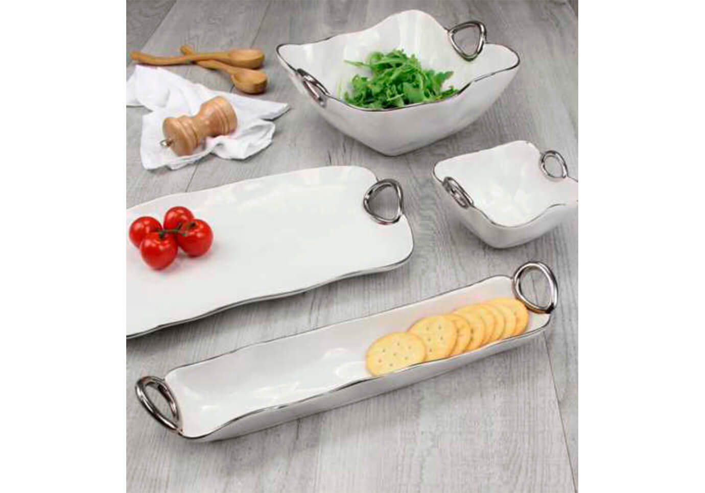 Charola de Porcelana  Rectangular Blanco y Plateado