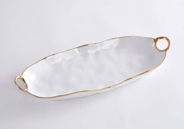 Charola de Porcelana Oval Blanco Filo Dorado