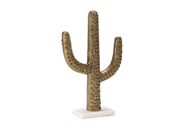 Escultura Cactus Metálica Dorada con Base de Mármol Blanco