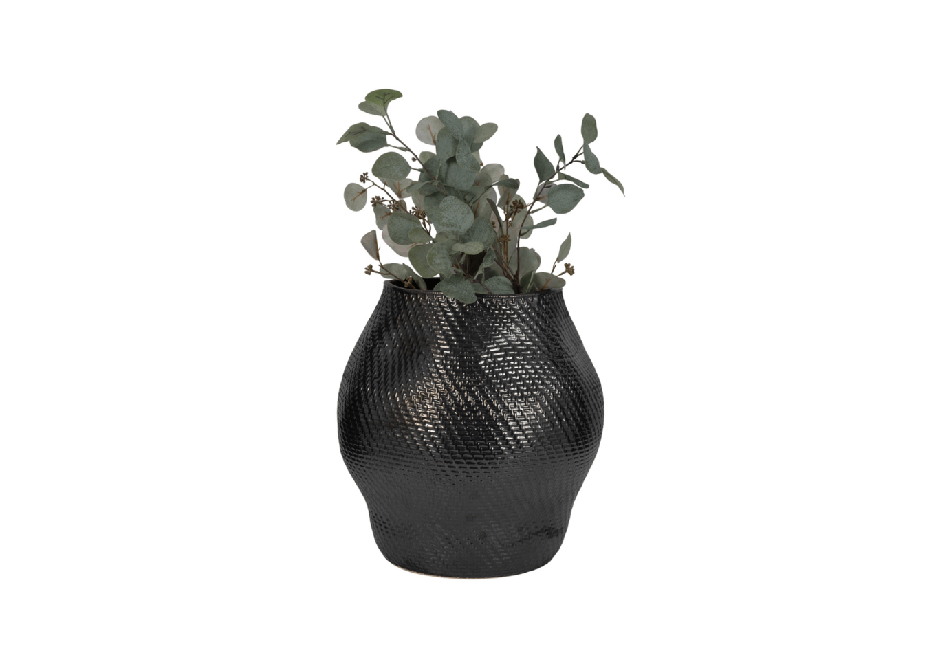 Florero Redondo de Cerámica Negra con Boca Ancha y Textura