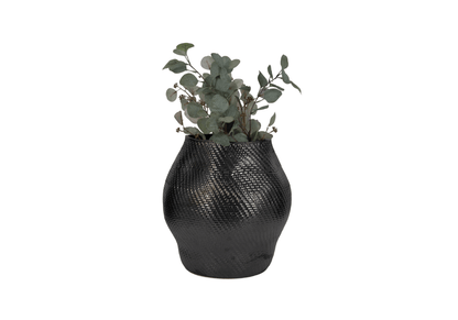 Florero Redondo de Cerámica Negra con Boca Ancha y Textura