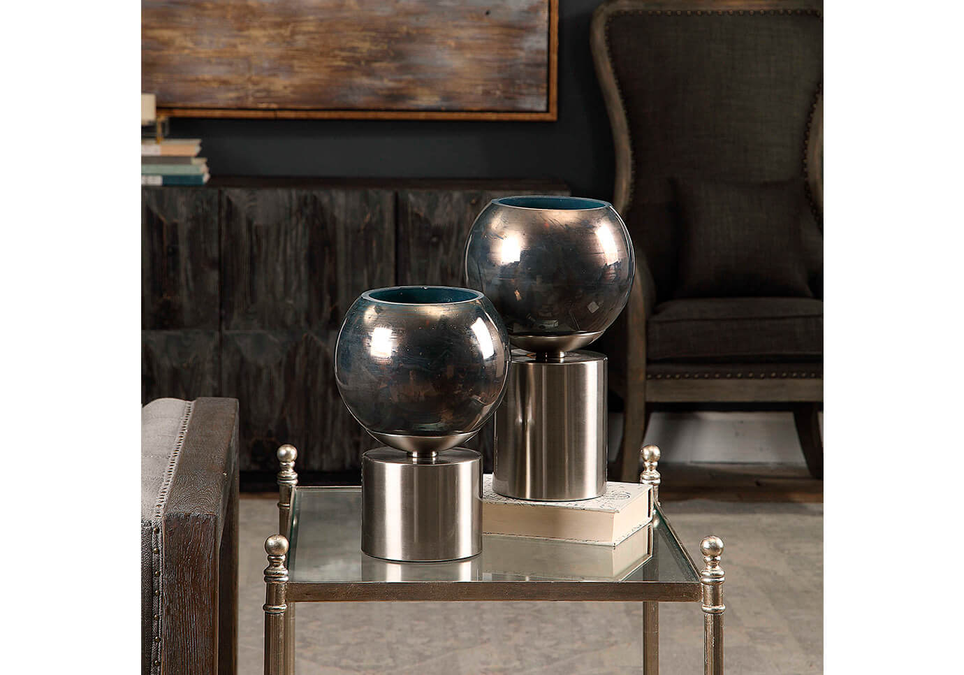 Candelabro Base Cilindro Metal con Bombilla de Cristal Azul