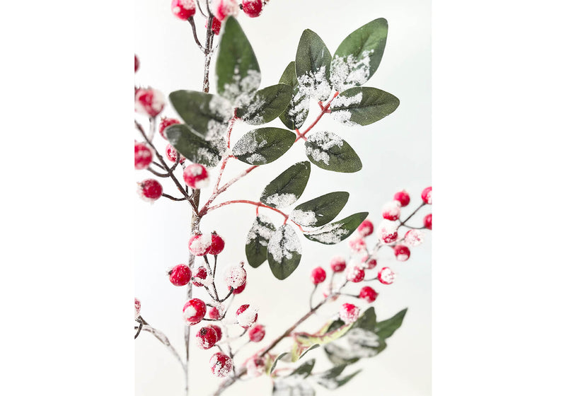 Rama Hojas Verdes y Berries Rojas Nevadas 81 cm