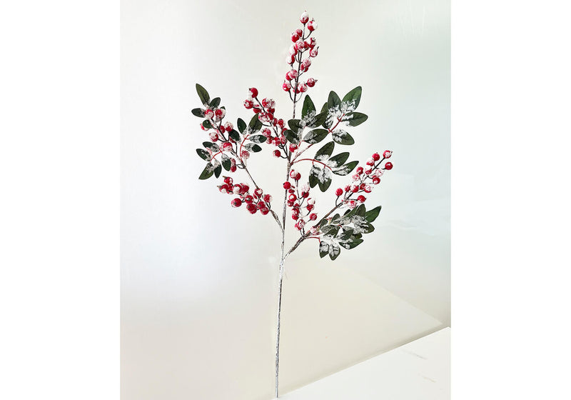Rama Hojas Verdes y Berries Rojas Nevadas 81 cm