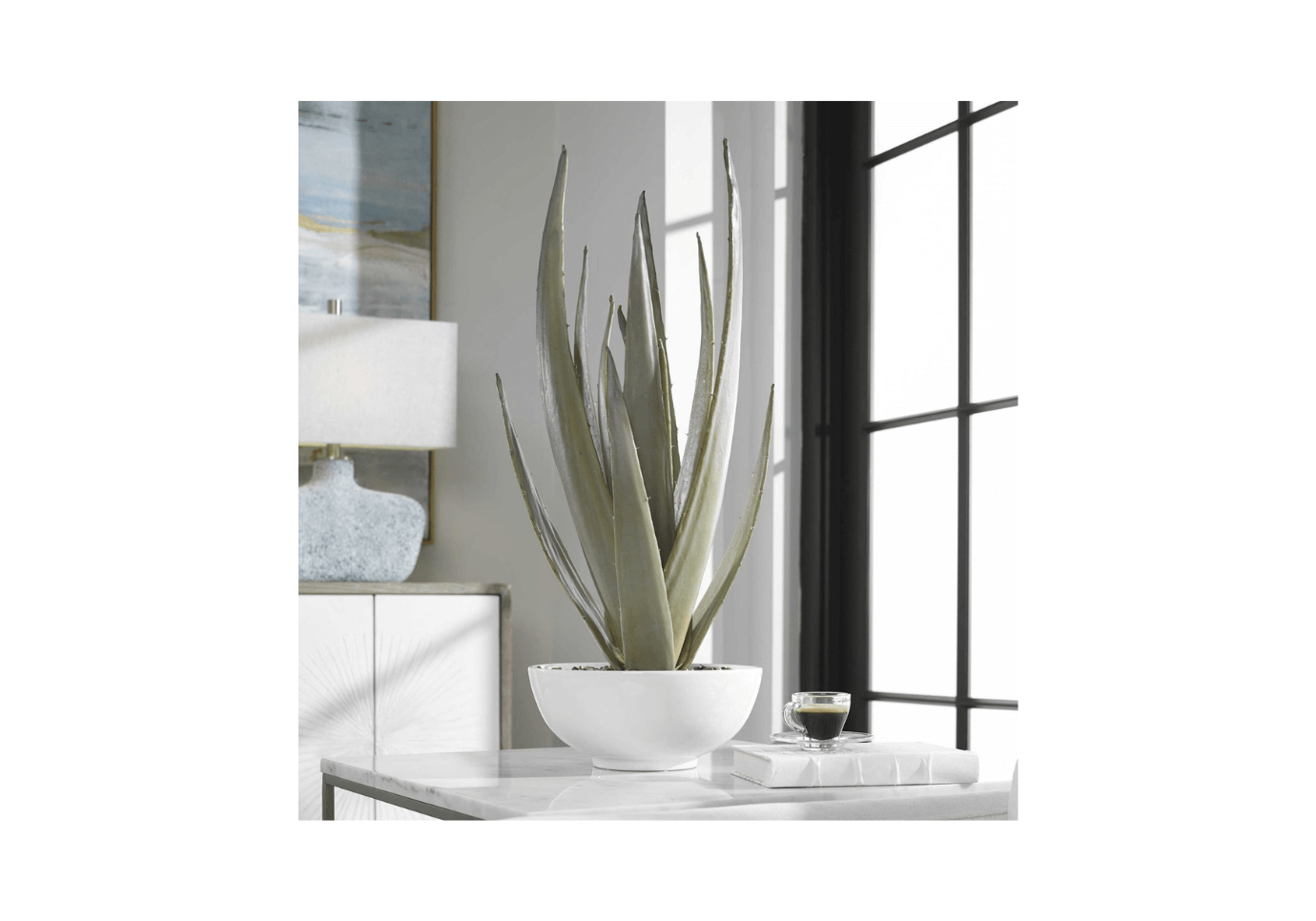 Planta de Aloe Vera Artificial con Piedras Naturales en Maceta Blanca | 71 cm