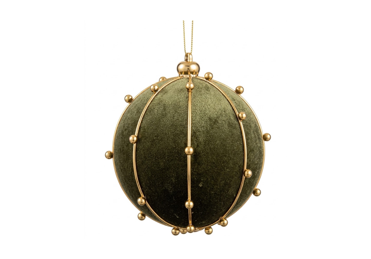 Esfera de Terciopelo en Verde Seco con Líneas y Bolitas Doradas
