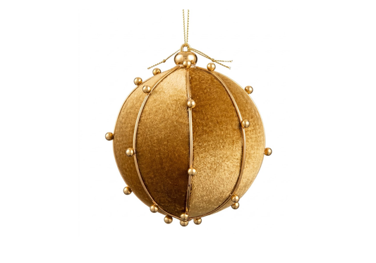 Esfera de Terciopelo en Dorado con Líneas y Bolitas Doradas