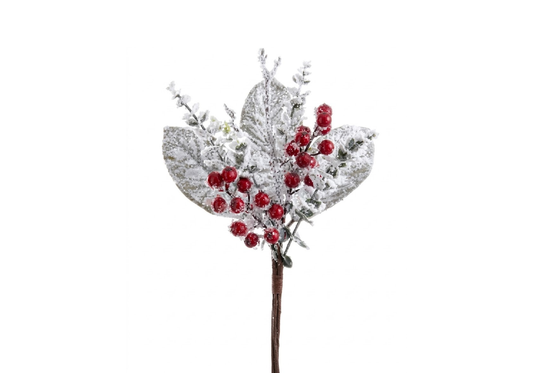 Rama de Magnolia y Eucalipto Nevado con Berries Rojos 46 cm