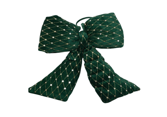 Moño Bombacho Terciopelo Verde con Lentejuela Dorada 27cm
